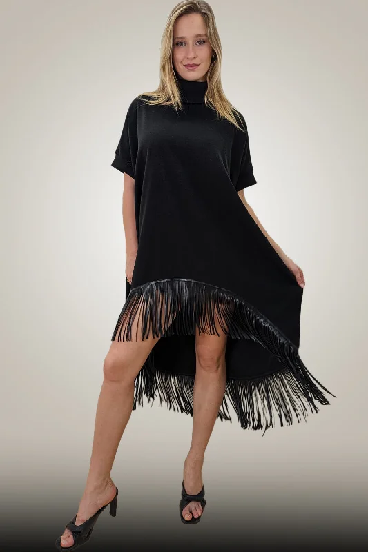 Great Deals Short Sleeve Leather Fringe High Low Dress