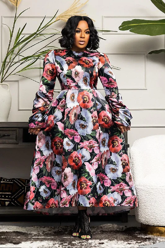 Steals and Deals Long Sleeve Floral Print Pockets Wrap Belt Midi Dress