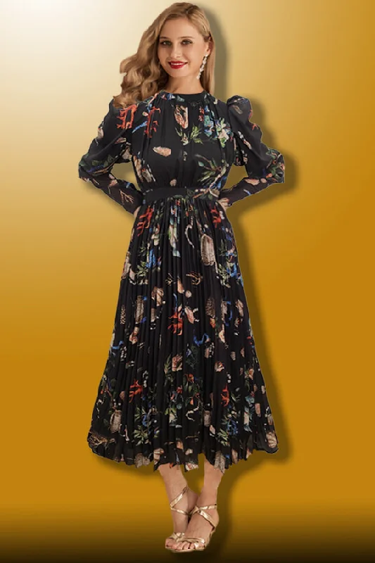 Time-Limited Offer Long Sleeve Pleated Chiffon Midi Dress