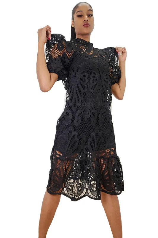 Special Promotion Short Sleeve High Neck Lace Midi Dress