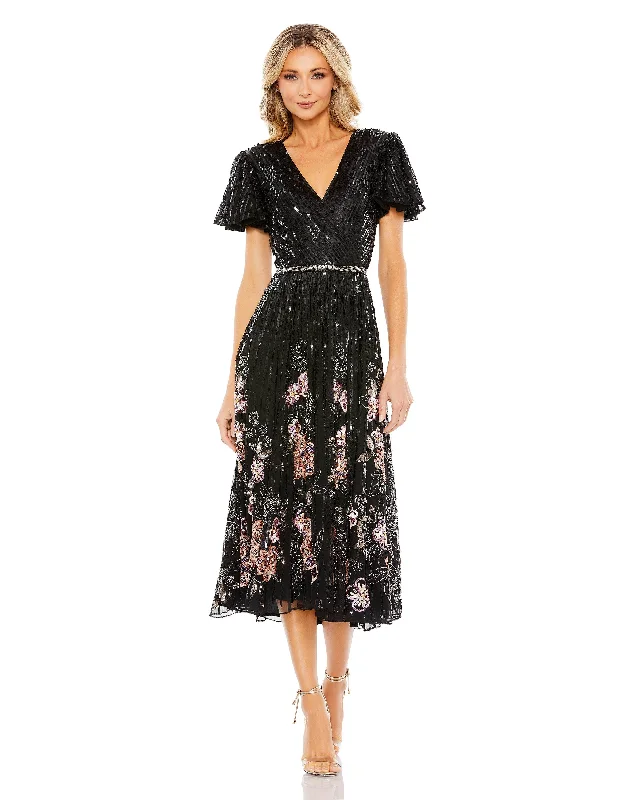 Limited Time Offer Mac Duggal 5587 Short Sleeve Floral Tea Length Dress