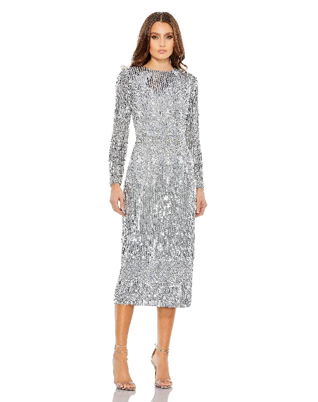 Limited Stock Mac Duggal 5576 Long Sleeve Tea Length Formal Dress
