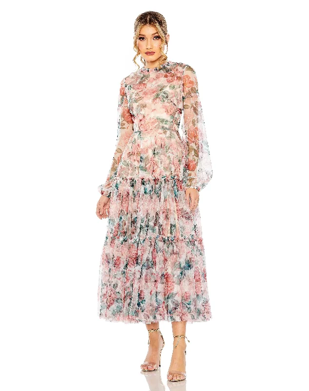 Final Markdown Mac Duggal 11405 Long Sleeve Formal Floral Print Midi Dress