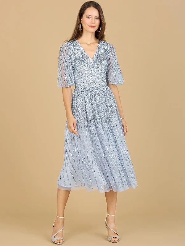 Mega Deal Lara Dresses 29221 Sequin Short Sleeve Formal Midi  Dress
