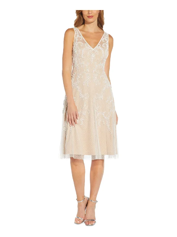 Instant Discount ADRIANNA PAPELL Womens Ivory Beaded Zippered Lined Sleeveless V Neck Below The Knee Party Sheath Dress Instant Discount ADRIANNA PAPELL Womens Ivory Beaded Zippered Lined Sleeveless V Neck Below The Knee Party Sheath Dress