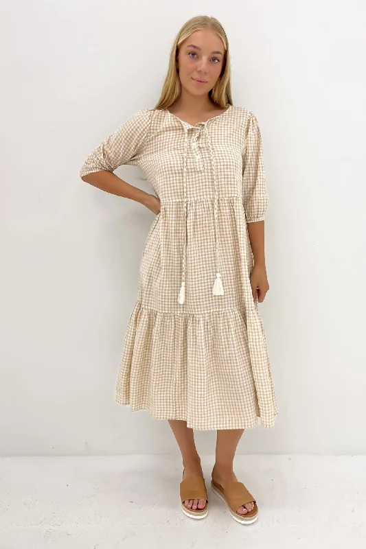 Bargain Bin Eydie Midi Dress Latte Gingham