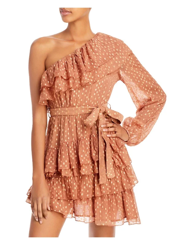 Deal Mania ROCOCO SAND Womens Brown Ruffled Metallic Belted  Asymmetrical  Hem Printed Long Sleeve Asymmetrical Neckline Mini Party Fit + Flare Dress